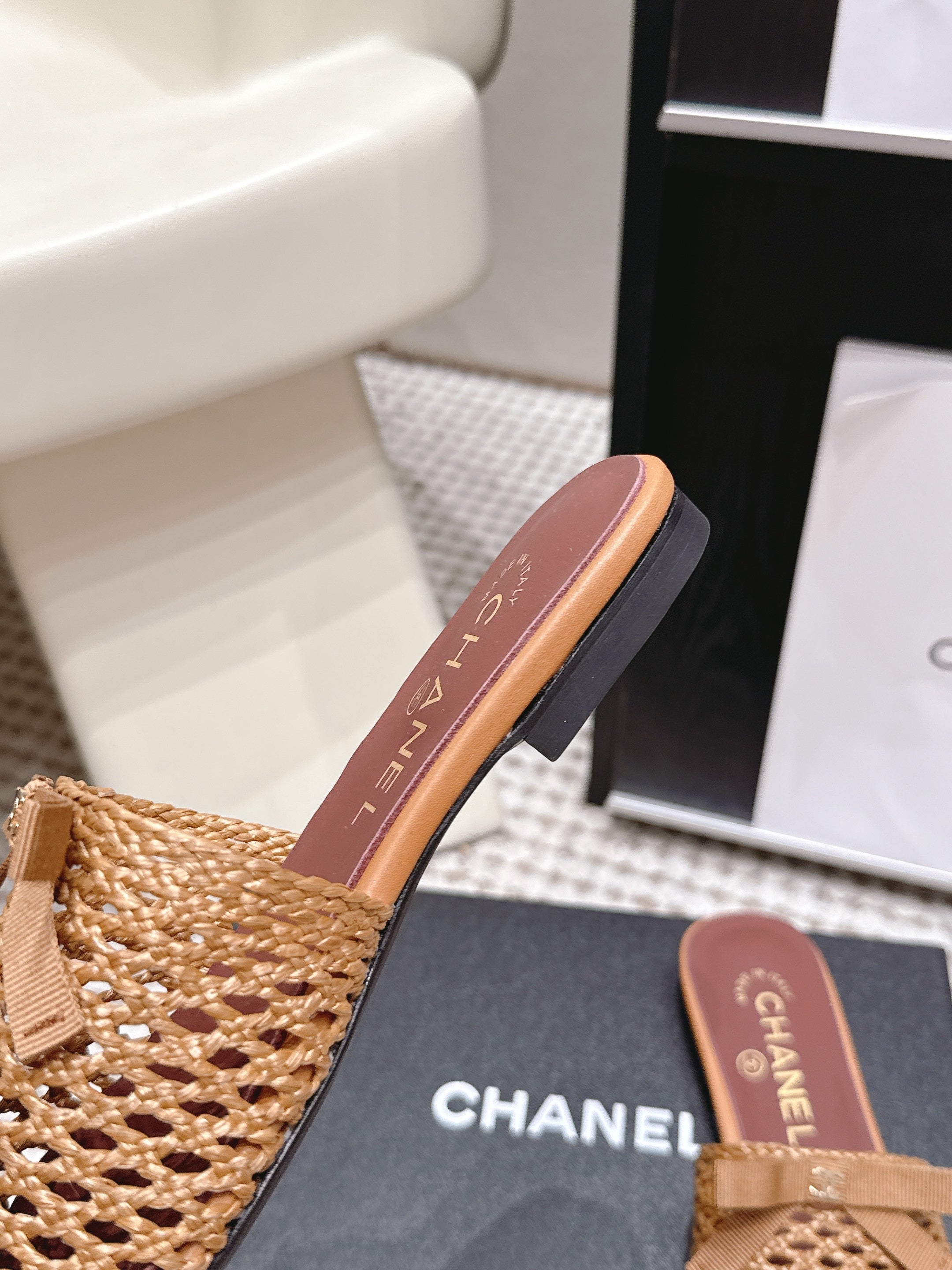 CHANEL 26S POINTED-TOE MULES IN CAMEL BROWN MESH