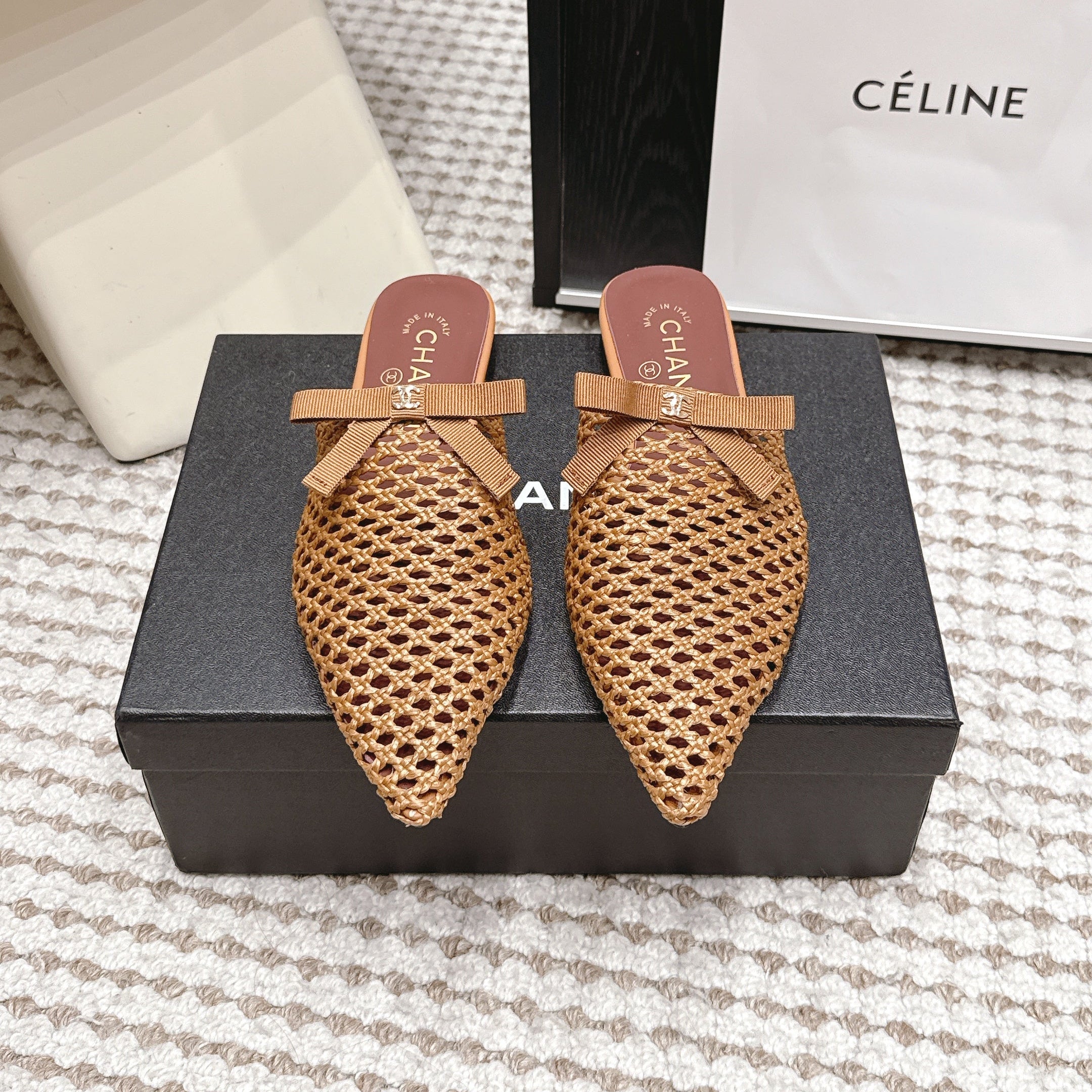 CHANEL 26S POINTED-TOE MULES IN CAMEL BROWN MESH