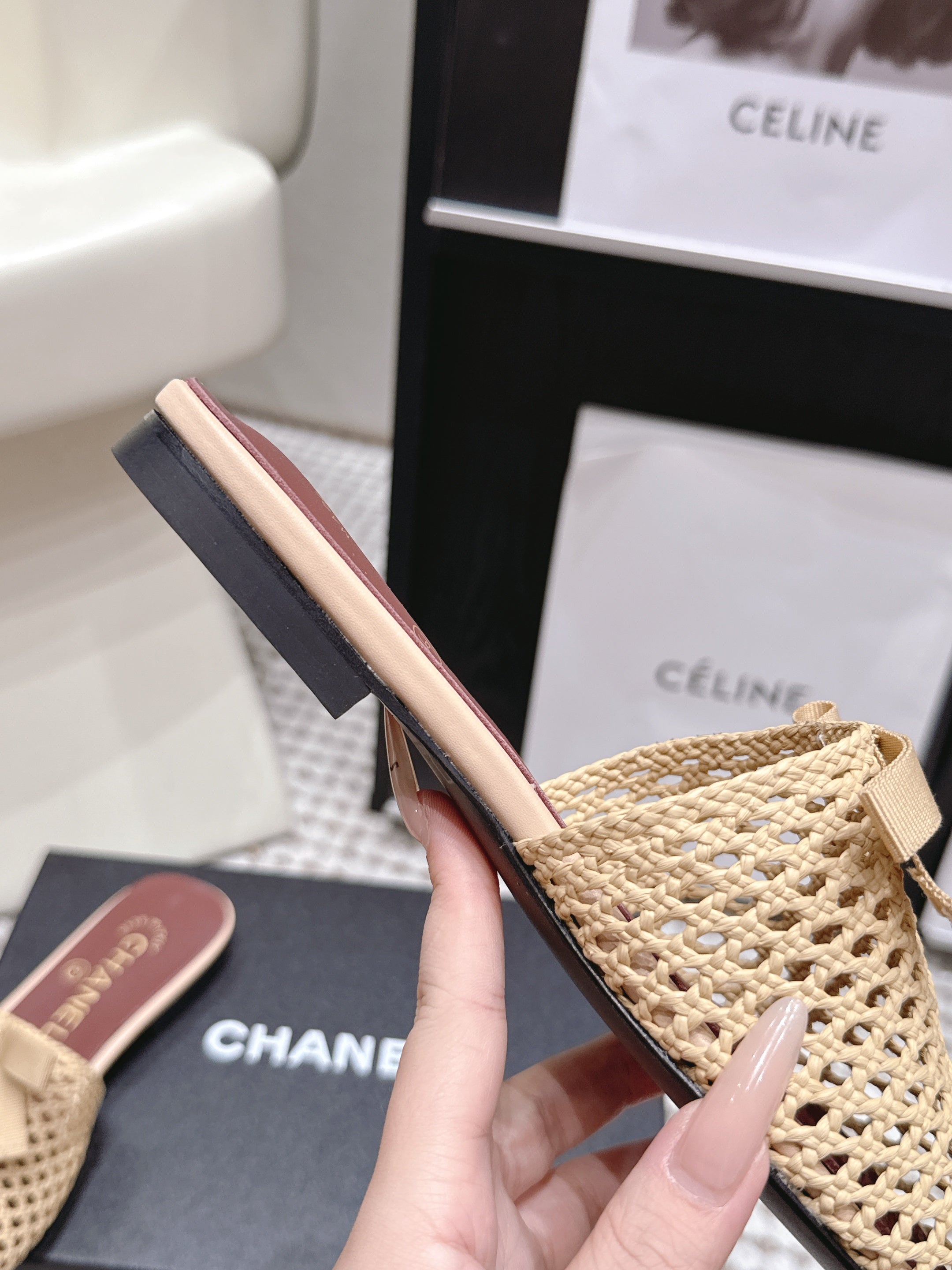CHANEL 26S POINTED-TOE MULES IN BEIGE MESH