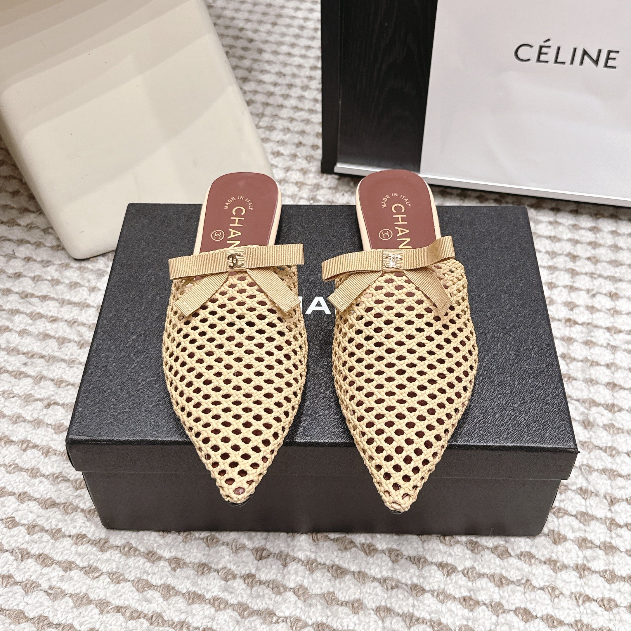 CHANEL 26S POINTED-TOE MULES IN BEIGE MESH
