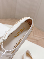 PRADA 26S MARY JANE ESPADRILLES SHOES IN WHITE CALFSKIN WITH LOGO