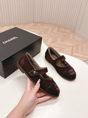 CHANEL FLAT MARY JANE SHOES 25S IN DARK BROWN VELVET