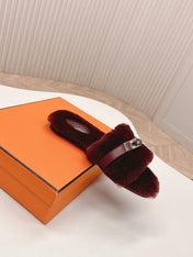 HM 25S ORAN SANDAL IN DARK RED SHEARLING WITH SILVER HARDWARE