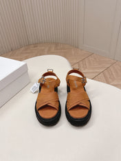 PRADA 26S CROSS STRAP CHUNKY SOLE SANDALS IN CARAMEL BROWN CANVAS