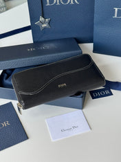 DIOR 25S SADDLE LONG ZIPPED WALLET 19 IN BLACK GRAINED CALFSKIN MARQUETRY
