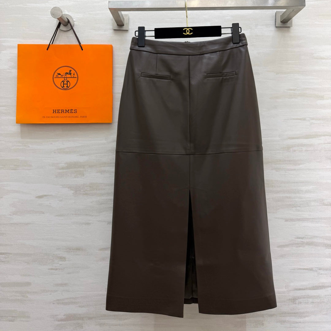 HERMES 26S LEATHER MIDI SKIRT 834