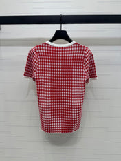 MIUMIU CREW NECK SHORT-SLEEVE PLAID KNIT TOP 274834