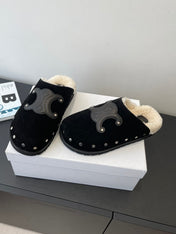 CELINE 26S FUR-LINED MULES IN BLACK SUEDE