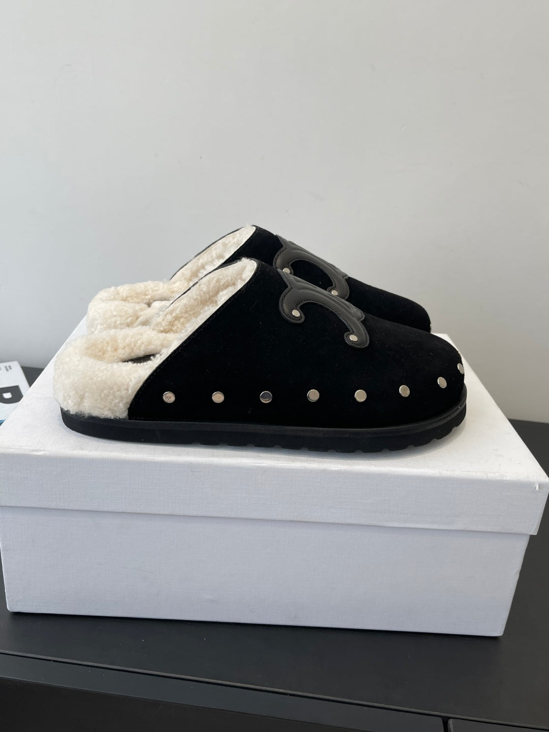 CELINE 26S FUR-LINED MULES IN BLACK SUEDE