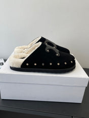 CELINE 26S FUR-LINED MULES IN BLACK SUEDE