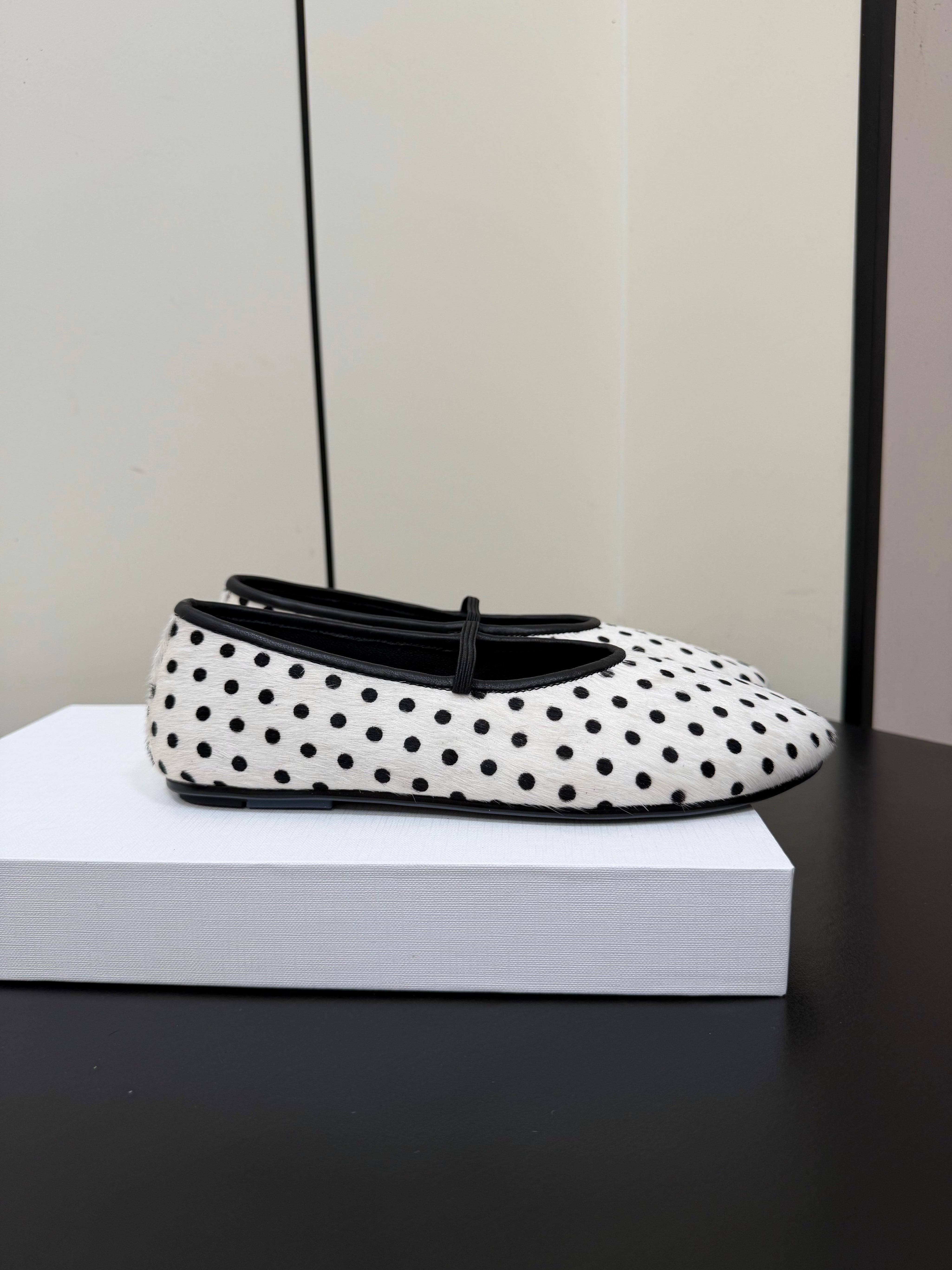 THE ROW 26S BALLET FLATS IN WHITE & BLACK MICRO POLKA DOT CALF HAIR CALFSKIN