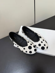 THE ROW 26S BALLET FLATS IN WHITE & BLACK POLKA DOT CALF HAIR CALFSKIN