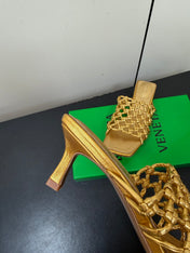 BOTTEGA VENETA 26S WOVEN STRAP HIGH-HEEL SANDALS 55 MM IN GOLD LAMBSKIN