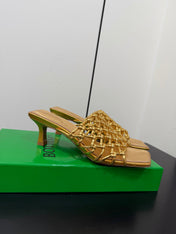 BOTTEGA VENETA 26S WOVEN STRAP HIGH-HEEL SANDALS 55 MM IN GOLD LAMBSKIN