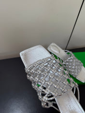 BOTTEGA VENETA 26S WOVEN STRAP HIGH-HEEL SANDALS 55 MM IN SILVER LAMBSKIN