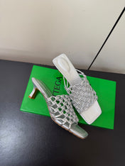 BOTTEGA VENETA 26S WOVEN STRAP HIGH-HEEL SANDALS 55 MM IN SILVER LAMBSKIN