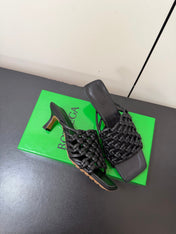 BOTTEGA VENETA 26S WOVEN STRAP HIGH-HEEL SANDALS 55 MM IN BLACK LAMBSKIN
