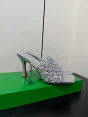 BOTTEGA VENETA 26S WOVEN STRAP HIGH-HEEL SANDALS 85 MM IN SILVER LAMBSKIN