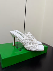 BOTTEGA VENETA 26S WOVEN STRAP HIGH-HEEL SANDALS 85 MM IN WHITE LAMBSKIN