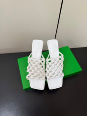 BOTTEGA VENETA 26S WOVEN STRAP HIGH-HEEL SANDALS 85 MM IN WHITE LAMBSKIN