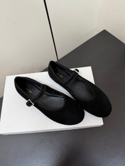 THE ROW 26S MARY JANE BALLET FLATS IN BLACK SUEDE WITH SILVER HARDWARE