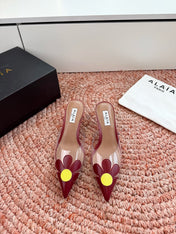 ALAIA 26S POINTED-TOE MULE HEELS IN DARK RED LAMBSKIN AND TRANSPARENT PVC
