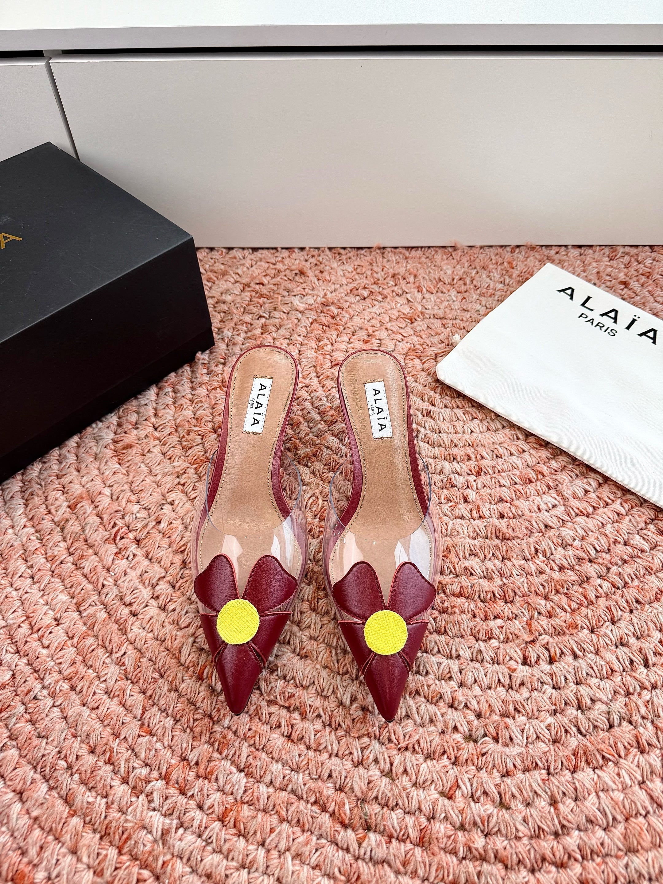 ALAIA 26S MULE HEELS IN DARK RED LAMBSKIN AND TRANSPARENT PVC