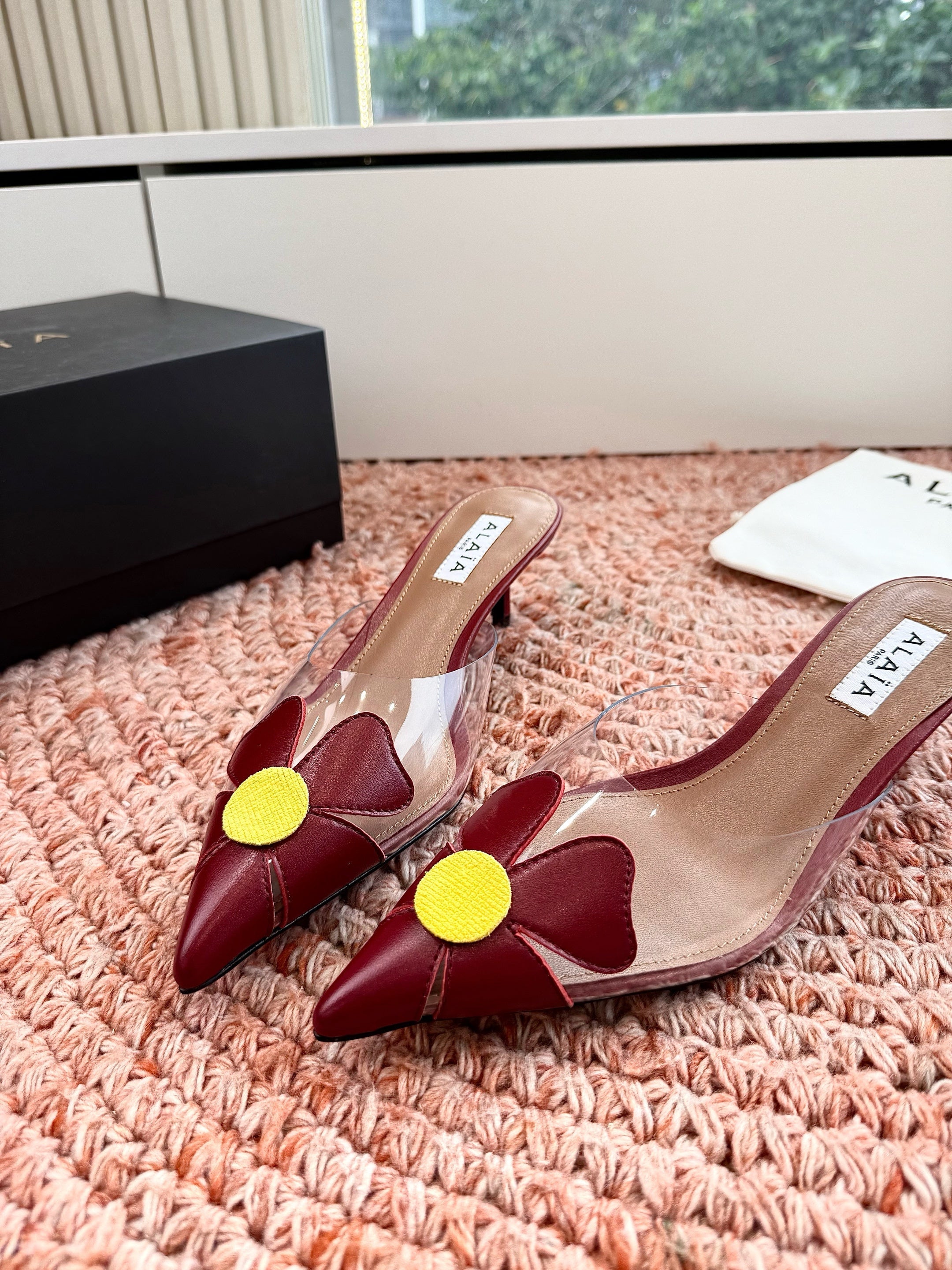 ALAIA 26S MULE HEELS IN DARK RED LAMBSKIN AND TRANSPARENT PVC