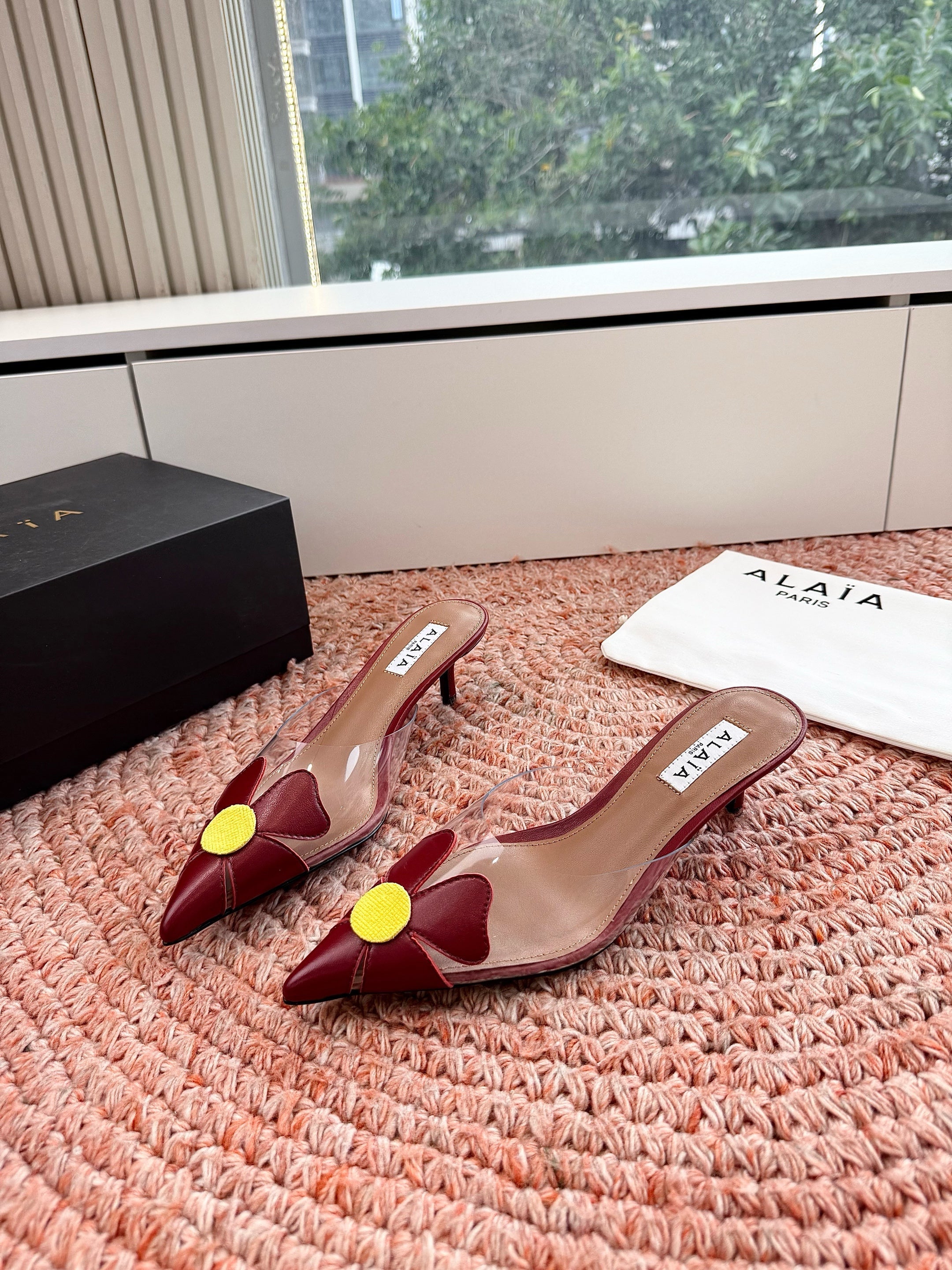 ALAIA 26S MULE HEELS IN DARK RED LAMBSKIN AND TRANSPARENT PVC