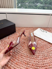 ALAIA 26S MULE HEELS IN DARK RED LAMBSKIN AND TRANSPARENT PVC