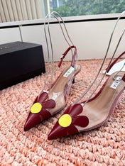 ALAIA 26S POINTED-TOE SLINGBACK HEELS IN DARK RED LAMBSKIN AND TRANSPARENT PVC