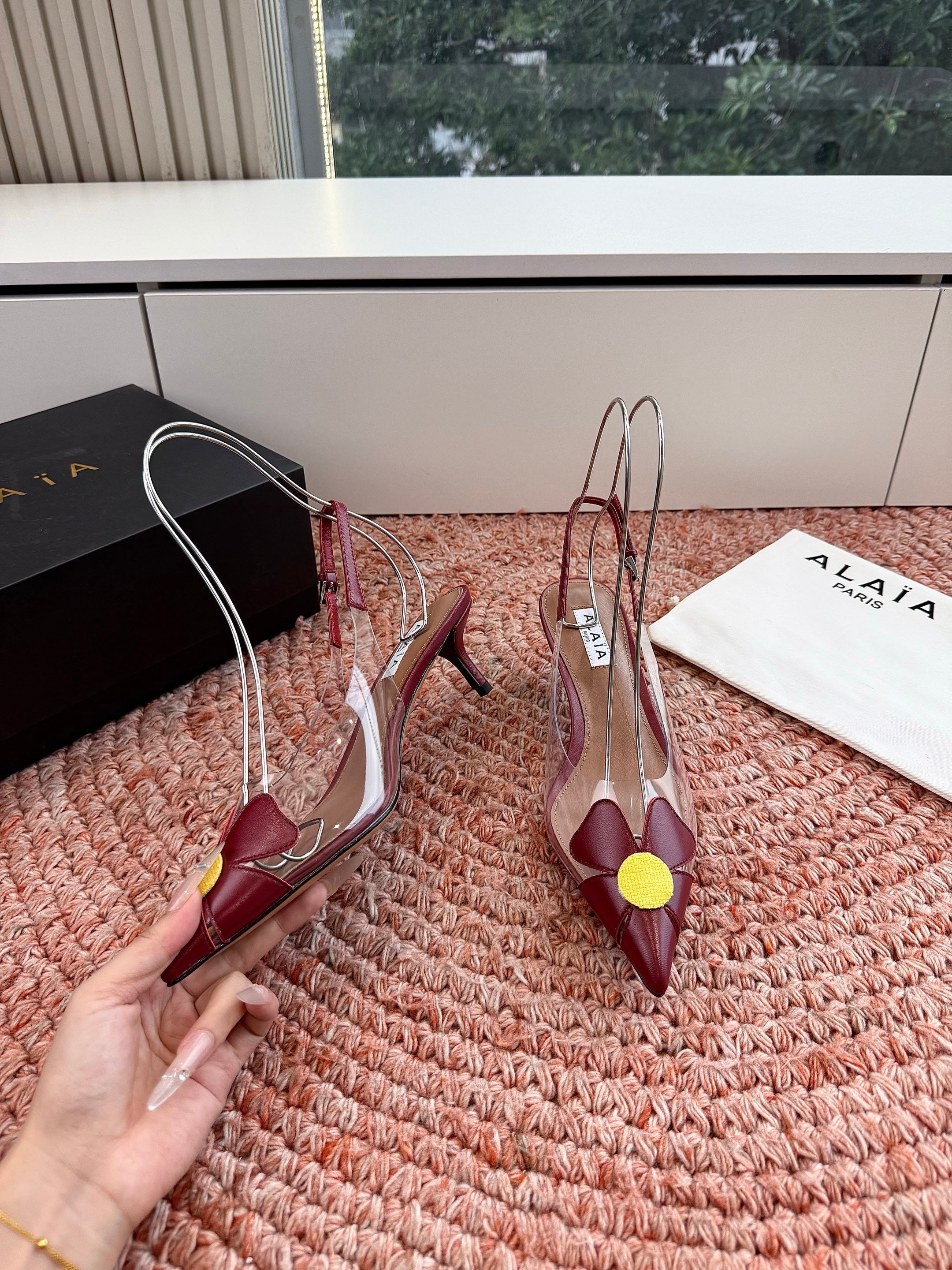 ALAIA 26S SLINGBACK HEELS IN DARK RED LAMBSKIN AND TRANSPARENT PVC