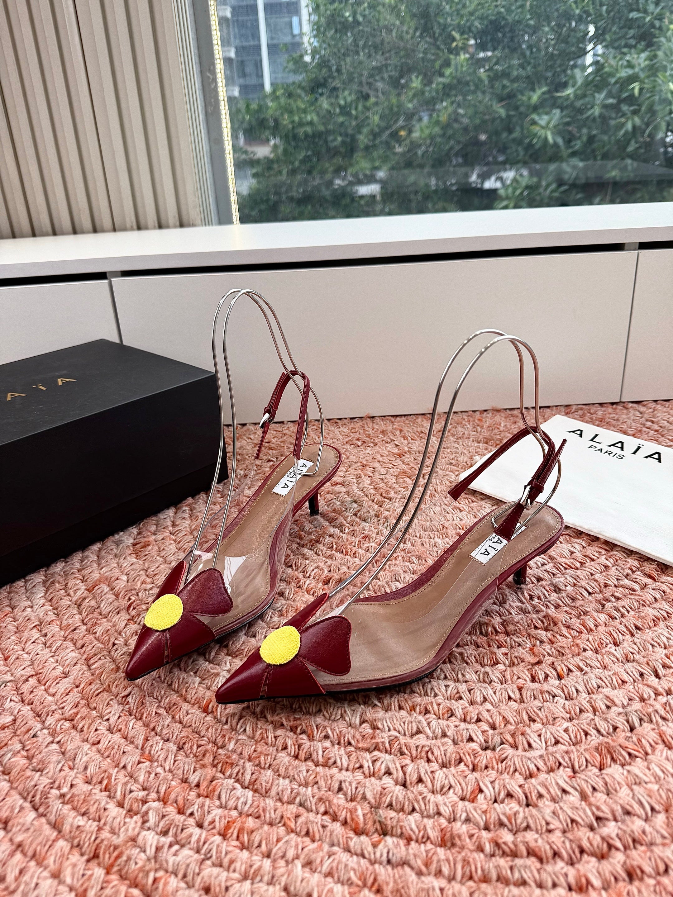 ALAIA 26S SLINGBACK HEELS IN DARK RED LAMBSKIN AND TRANSPARENT PVC