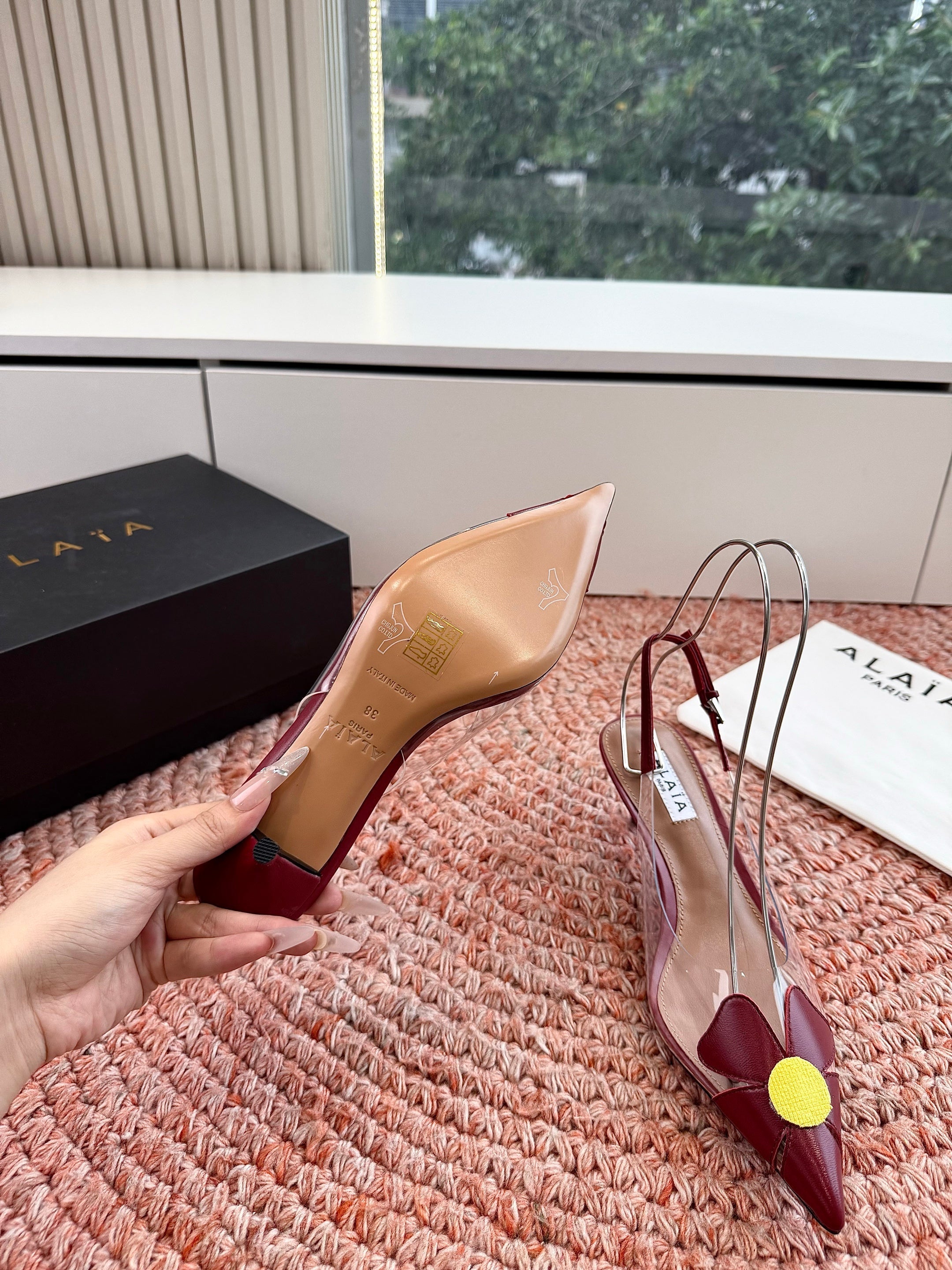ALAIA 26S SLINGBACK HEELS IN DARK RED LAMBSKIN AND TRANSPARENT PVC