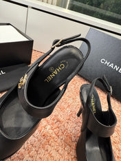 CHANEL 26S SQUARE TOE HIGH HEELS SLINGBACKS IN BLACK CALFSKIN