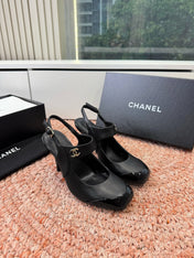 CHANEL 26S SQUARE TOE HIGH HEELS SLINGBACKS IN BLACK CALFSKIN