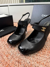 CHANEL 26S SQUARE TOE HIGH HEELS SLINGBACKS IN BLACK CALFSKIN