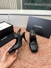 CHANEL 26S SQUARE TOE HIGH HEELS SLINGBACKS IN BLACK CALFSKIN
