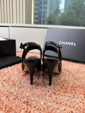 CHANEL 26S SQUARE TOE HIGH HEELS SLINGBACKS IN BLACK CALFSKIN