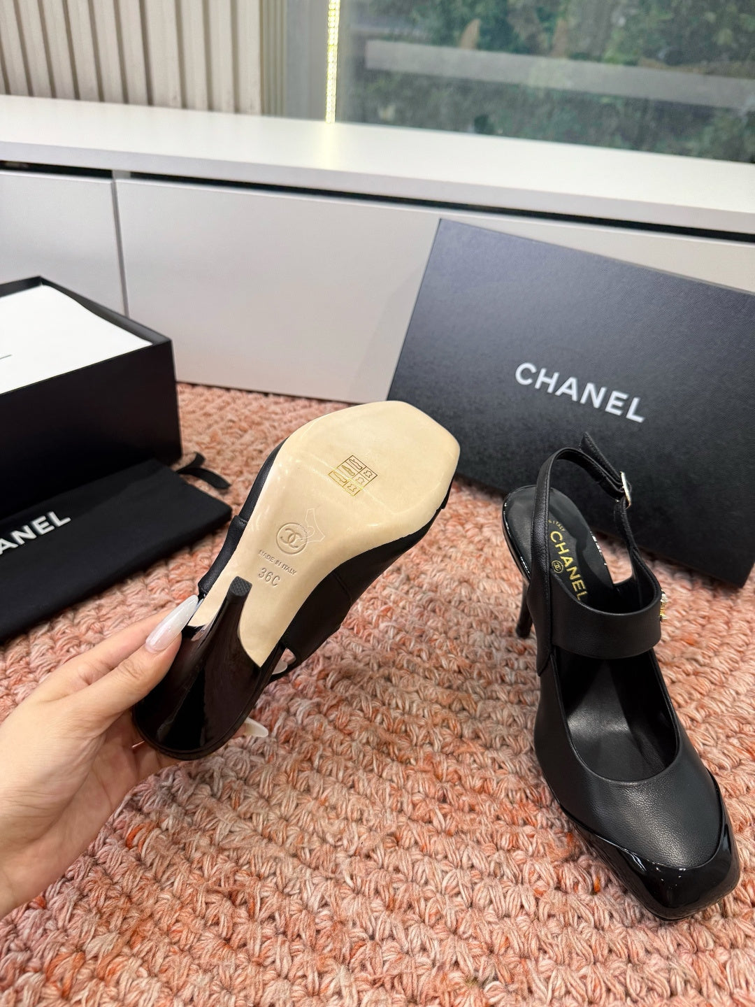 CHANEL 26S SQUARE TOE HIGH HEELS SLINGBACKS IN BLACK CALFSKIN