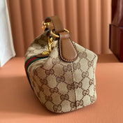 GUCCI 26S GIGLIO TOP HANDLE BAG 19 IN WARM BEIGE AND BROWN CANVAS
