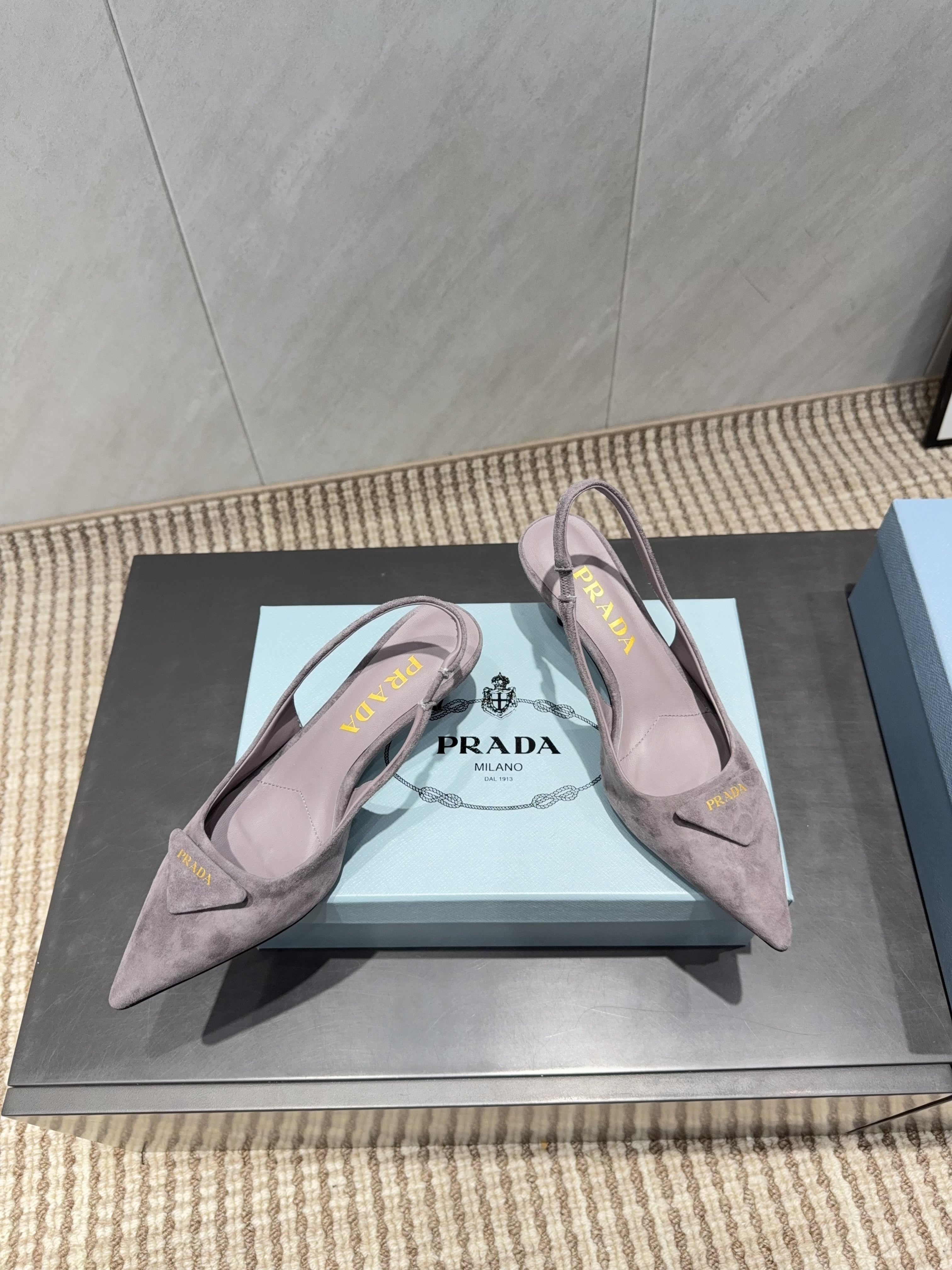 PRADA 26S POINTED TOE SLINGBACK HIGH HEELS 55MM IN TAUPE BROWN SUEDE WITH LOGO