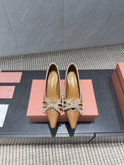 MIUMIU 26S POINTED TOE PUMPS 55MM IN CARAMEL BROWN CALFSKIN WITH BOW