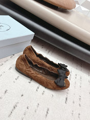PRADA 26S ROUND TOE FLATS WITH BOW IN DARK BROWN SUEDE