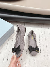 PRADA 26S ROUND TOE FLATS WITH BOW IN TAUPE BROWN SUEDE