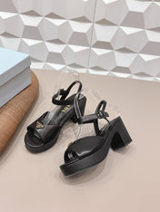 PRADA 26S HEELED SANDALS 75MM IN BLACK CALFSKIN WITH LOGO