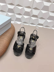 PRADA 26S HEELED SANDALS 75MM IN BLACK PATENT CALFSKIN WITH LOGO