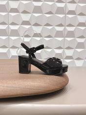PRADA 26S HEELED SANDALS 75MM IN BLACK PATENT CALFSKIN WITH LOGO