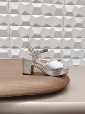 PRADA 26S HEELED SANDALS 75MM IN SILVER CALFSKIN WITH LOGO