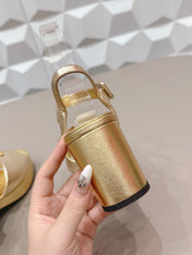 PRADA 26S HEELED SANDALS 75MM IN GOLD CALFSKIN WITH LOGO